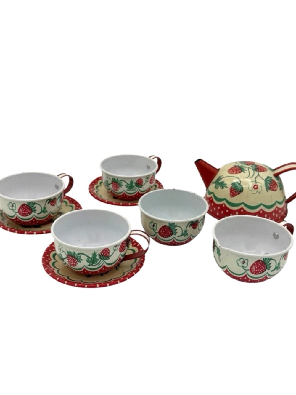 Vintage Wolverine Strawberry Tin Litho Children's Tea Set 9 Piece Toy USA MCM